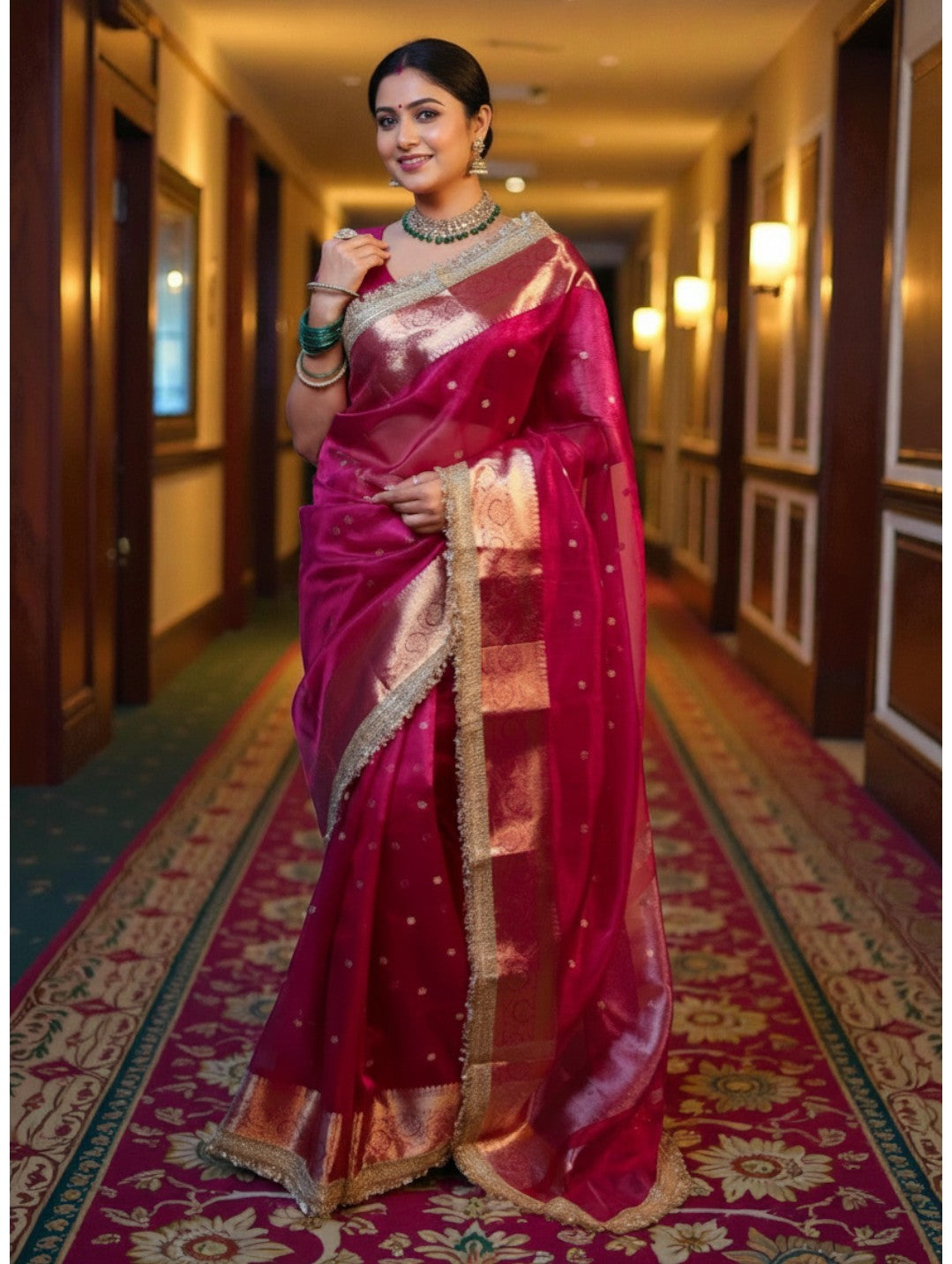 Rani Pink Banarasi Tissue Saree with Rich Gold Zari Border