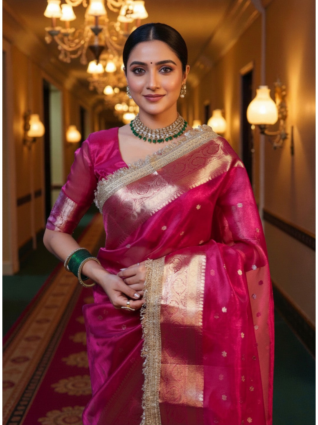 Rani Pink Banarasi Tissue Saree with Rich Gold Zari Border