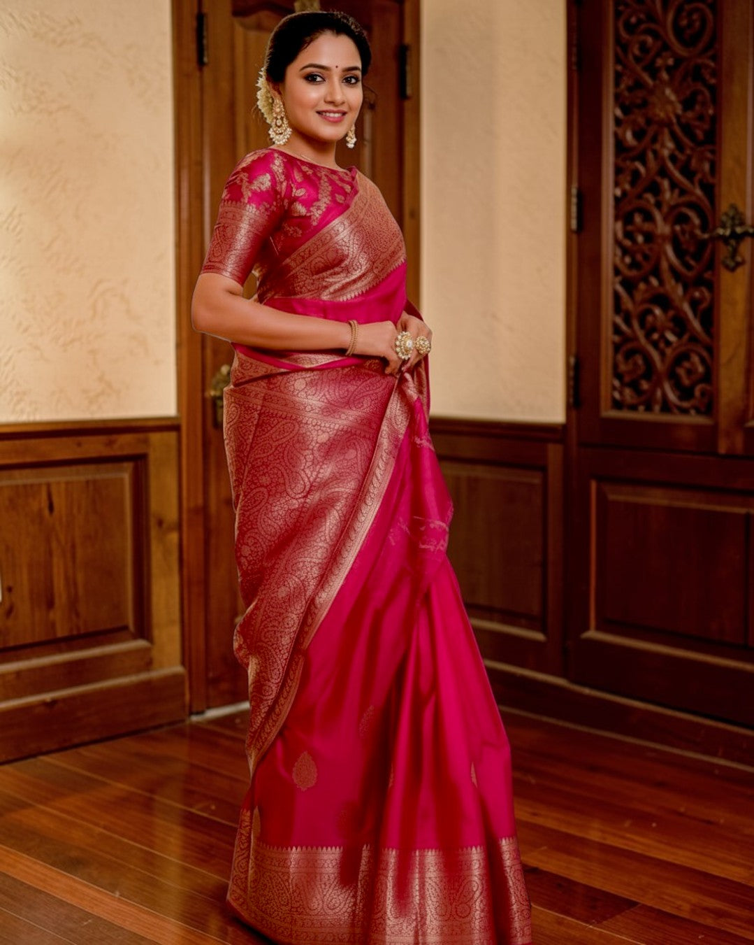myFashion Rani Pink Warm Silk Banarasi Saree with Rich Gold Zari Border & Jaal Pattern Woven Blouse
