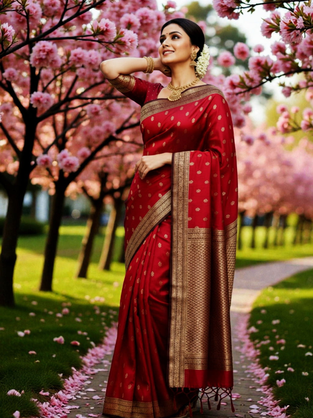 Royal Red Banarasi Semi Katan Silk Saree with Contrast Gold Zari Weaving & Rich Pallu