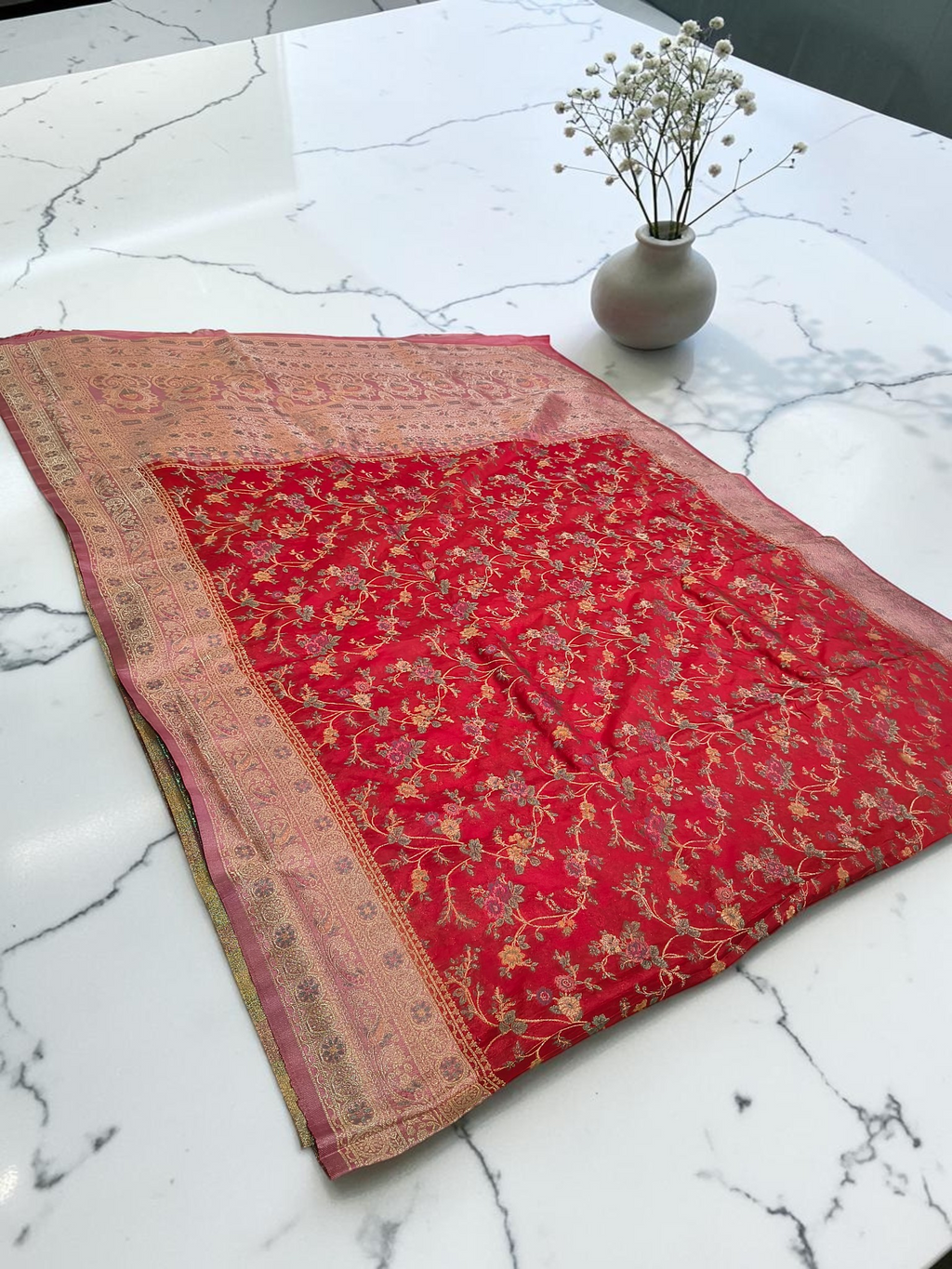 Premium Katan Pashmina Banarasi Saree in Crimson Red with Antique Rose Gold Zari Border & Rich Woven Pallu