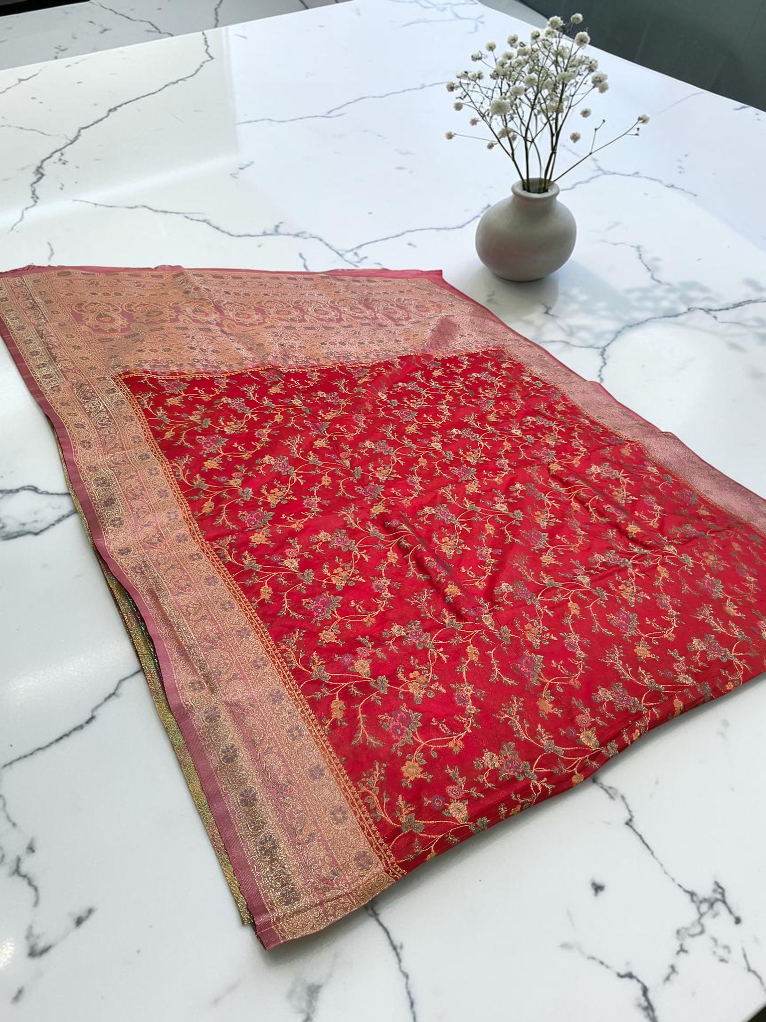 Premium Katan Pashmina Banarasi Saree in Crimson Red with Antique Rose Gold Zari Border & Rich Woven Pallu