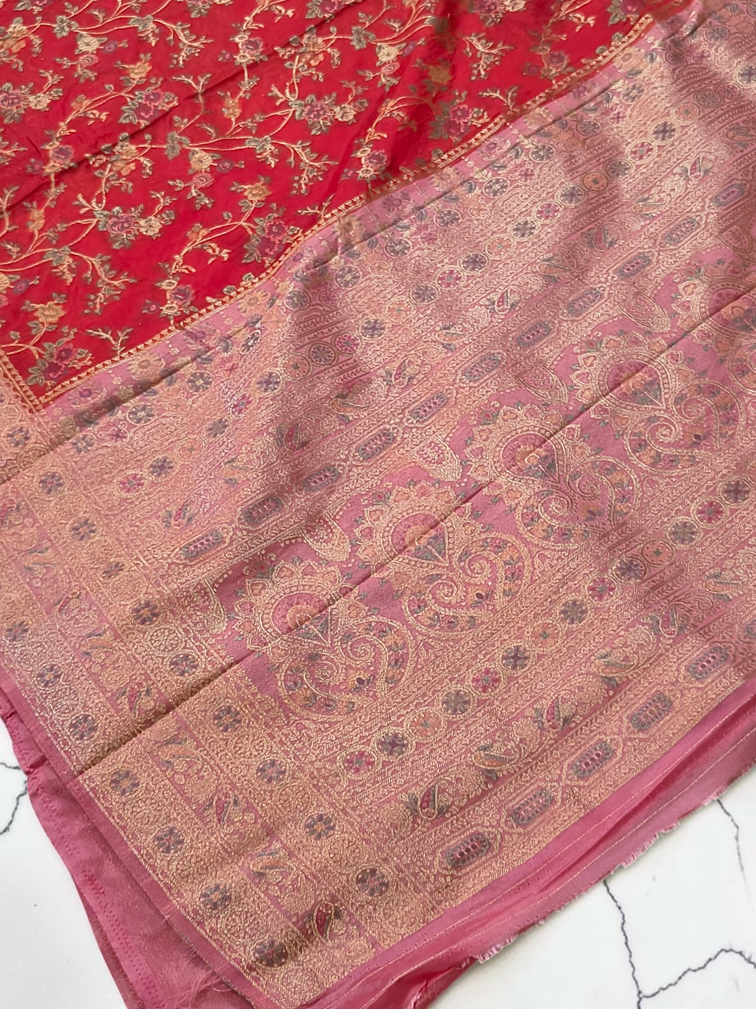 Premium Katan Pashmina Banarasi Saree in Crimson Red with Antique Rose Gold Zari Border & Rich Woven Pallu
