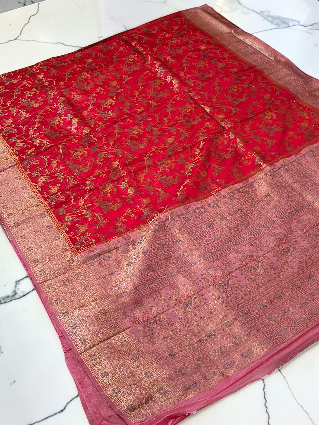 Premium Katan Pashmina Banarasi Saree in Crimson Red with Antique Rose Gold Zari Border & Rich Woven Pallu