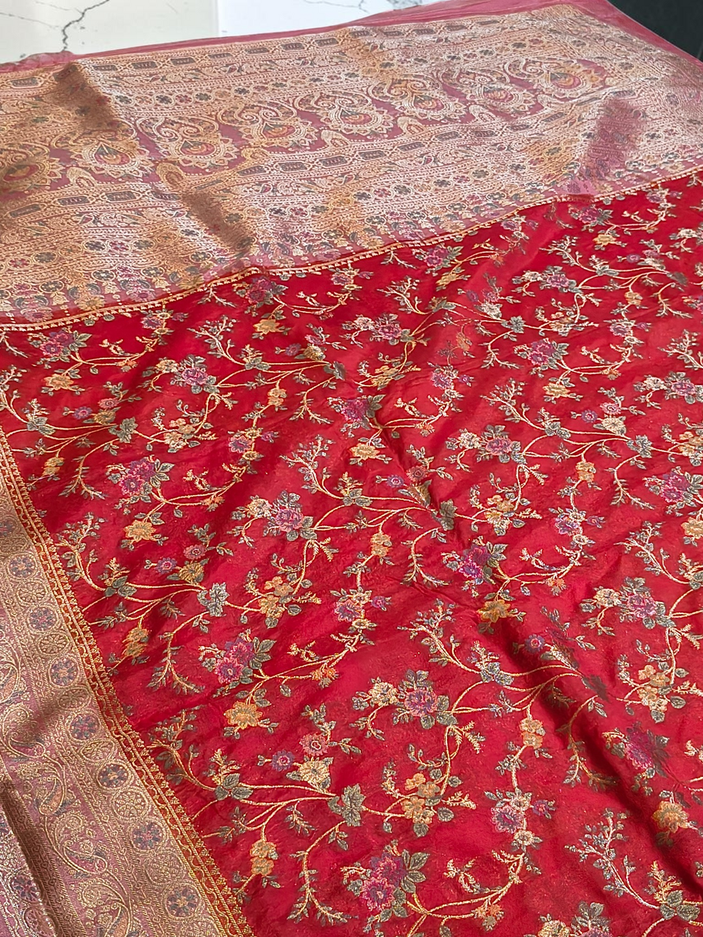Premium Katan Pashmina Banarasi Saree in Crimson Red with Antique Rose Gold Zari Border & Rich Woven Pallu