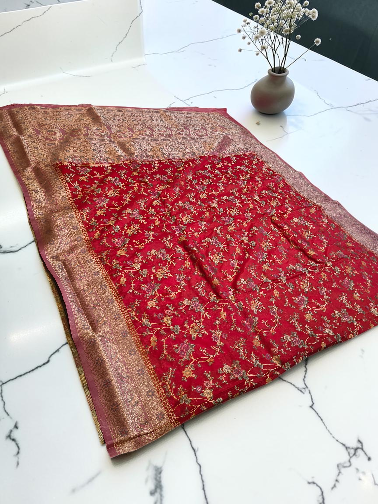 Premium Katan Pashmina Banarasi Saree in Crimson Red with Antique Rose Gold Zari Border & Rich Woven Pallu