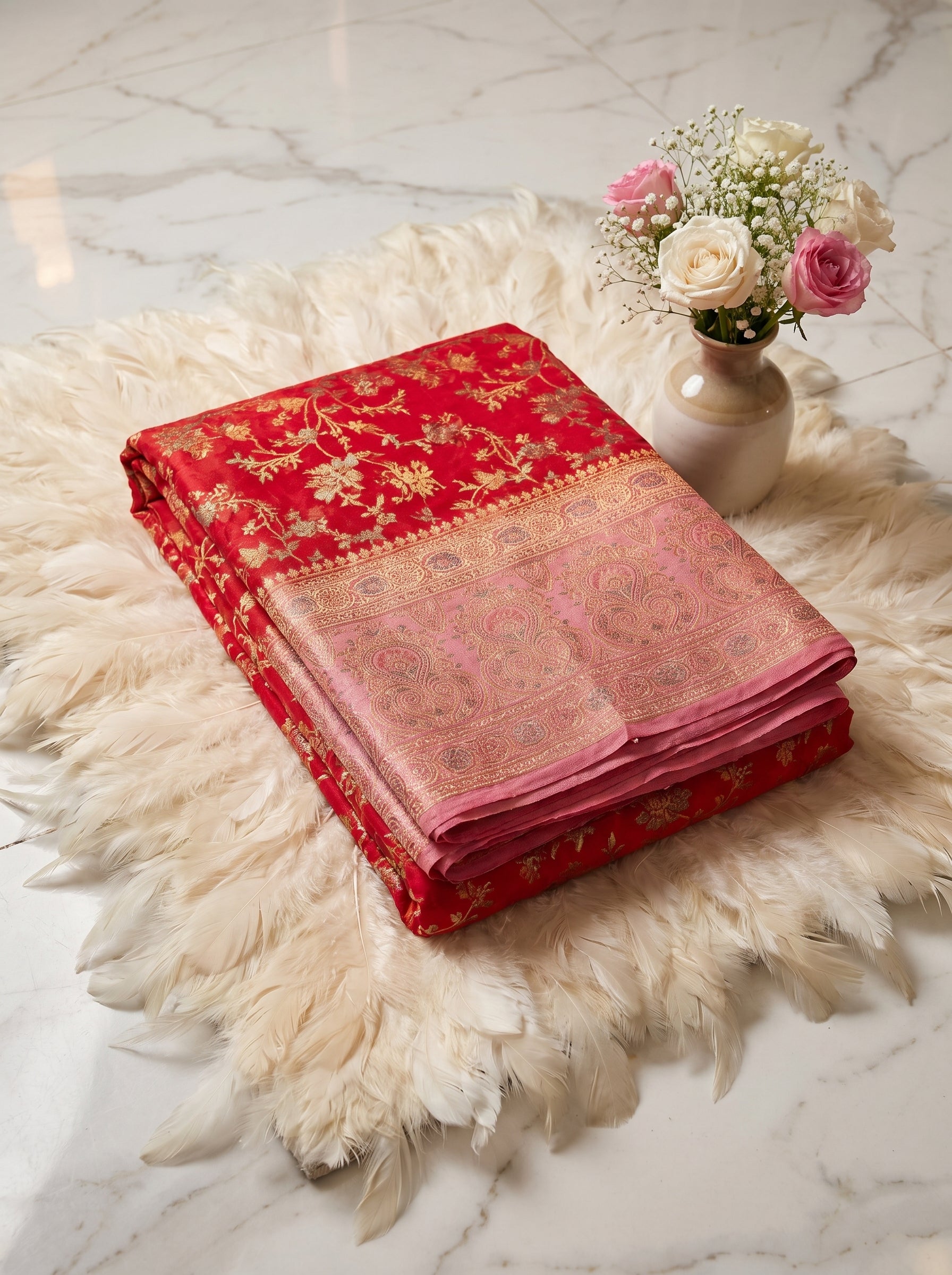 Premium Katan Pashmina Banarasi Saree in Crimson Red with Antique Rose Gold Zari Border & Rich Woven Pallu