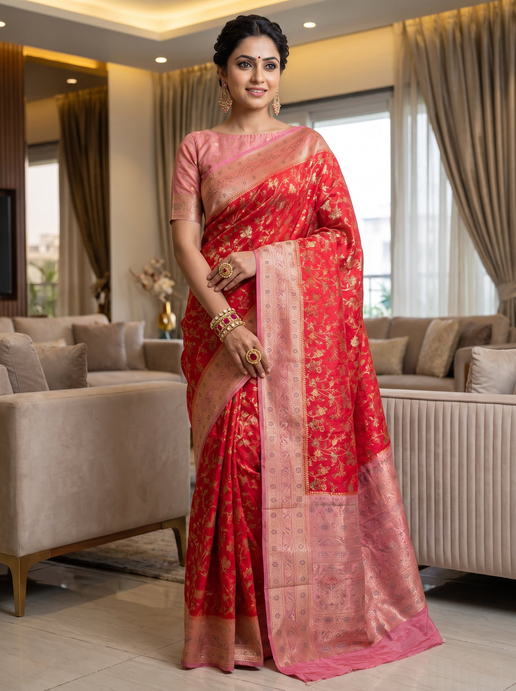 Premium Katan Pashmina Banarasi Saree in Crimson Red with Antique Rose Gold Zari Border & Rich Woven Pallu