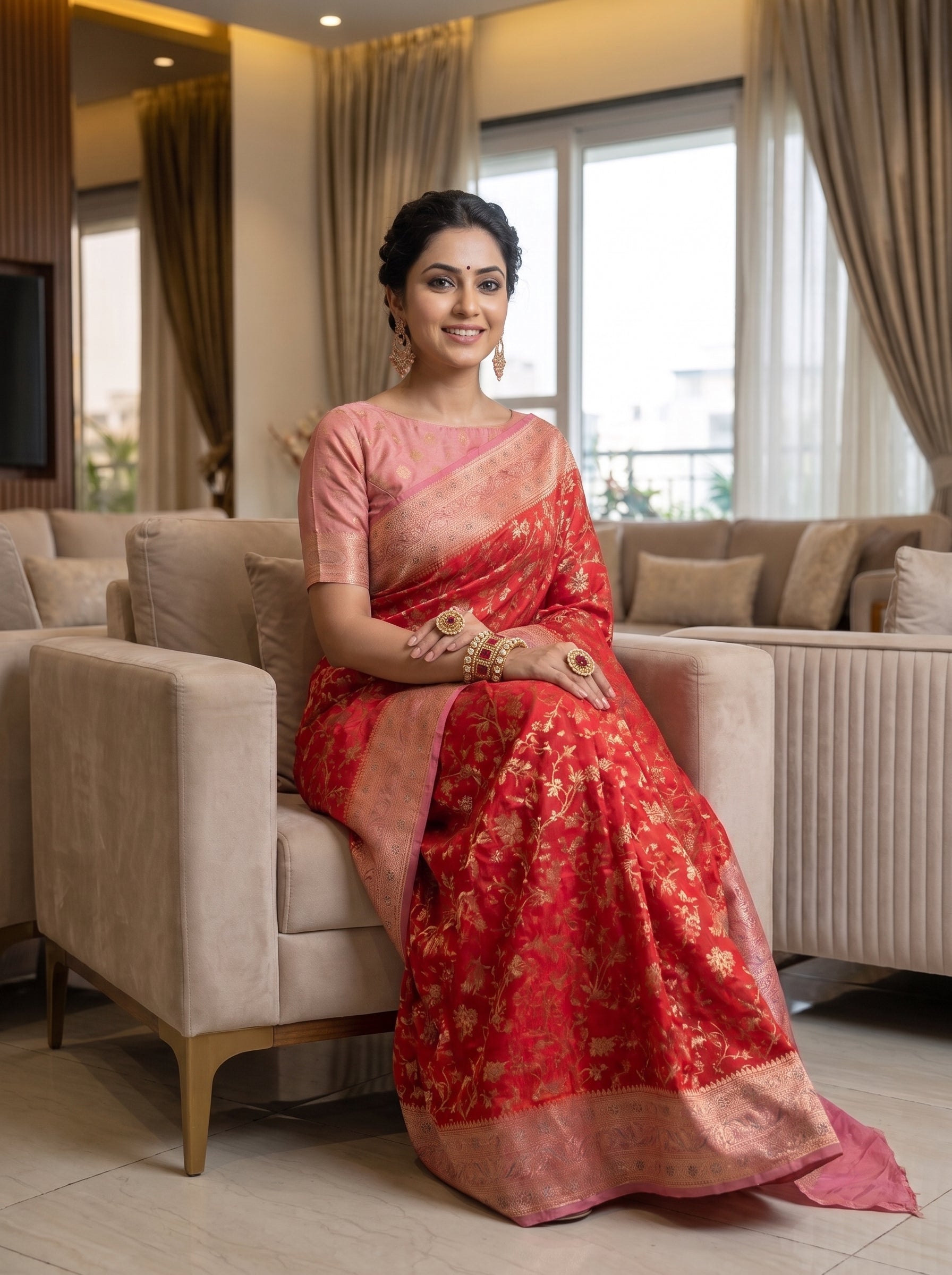 Premium Katan Pashmina Banarasi Saree in Crimson Red with Antique Rose Gold Zari Border & Rich Woven Pallu