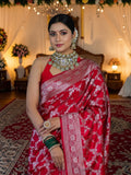 Red Banarasi Mashru Silk Saree with Floral Jaal Weaving – Traditional Handwoven Banarasi Wedding & Festive Saree