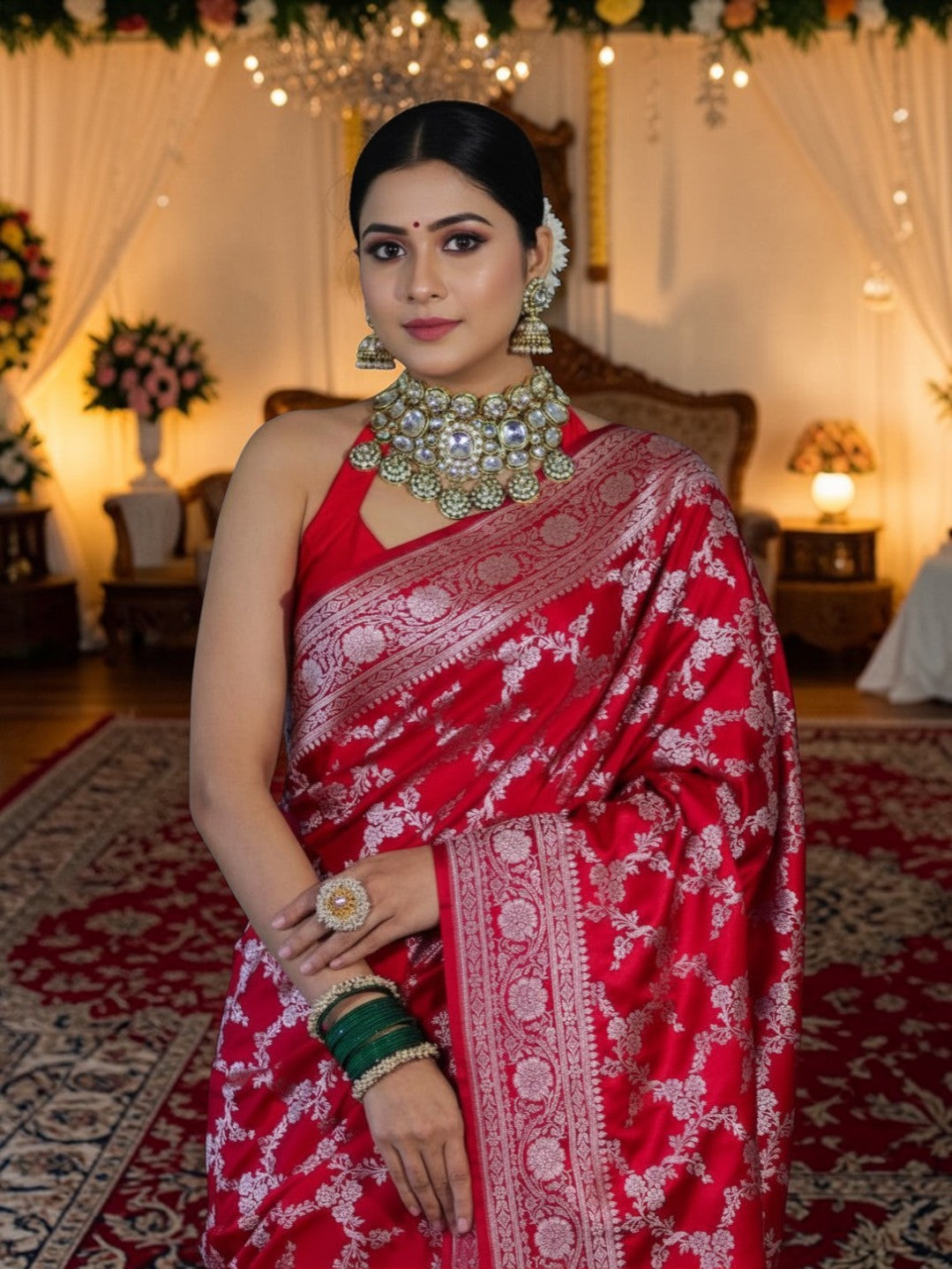 Red Banarasi Mashru Silk Saree with Floral Jaal Weaving – Traditional Handwoven Banarasi Wedding & Festive Saree