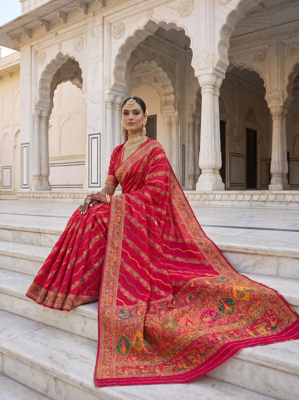Sindoori Red Dola Crepe Pashmina Weaving Saree with Gold Zari Border & Designer Pallu