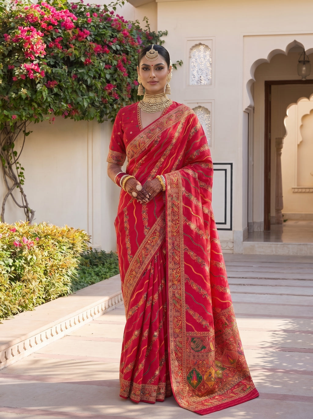 Sindoori Red Dola Crepe Pashmina Weaving Saree with Gold Zari Border & Designer Pallu