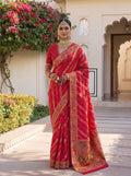 Sindoori Red Dola Crepe Pashmina Weaving Saree with Gold Zari Border & Designer Pallu