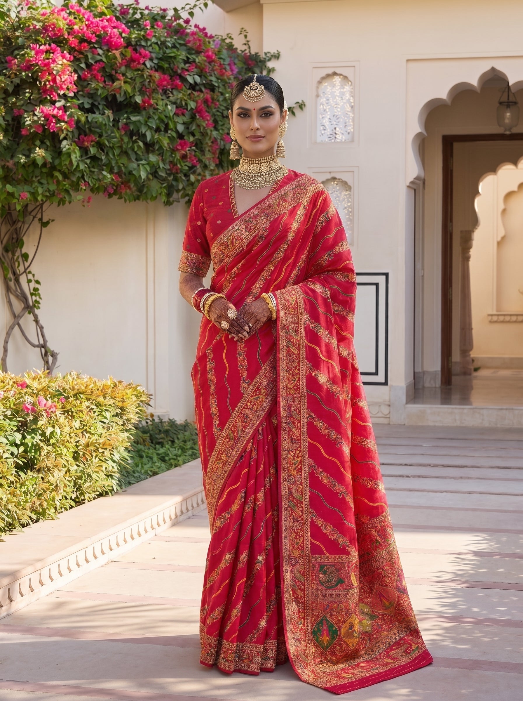 Sindoori Red Dola Crepe Pashmina Weaving Saree with Gold Zari Border & Designer Pallu