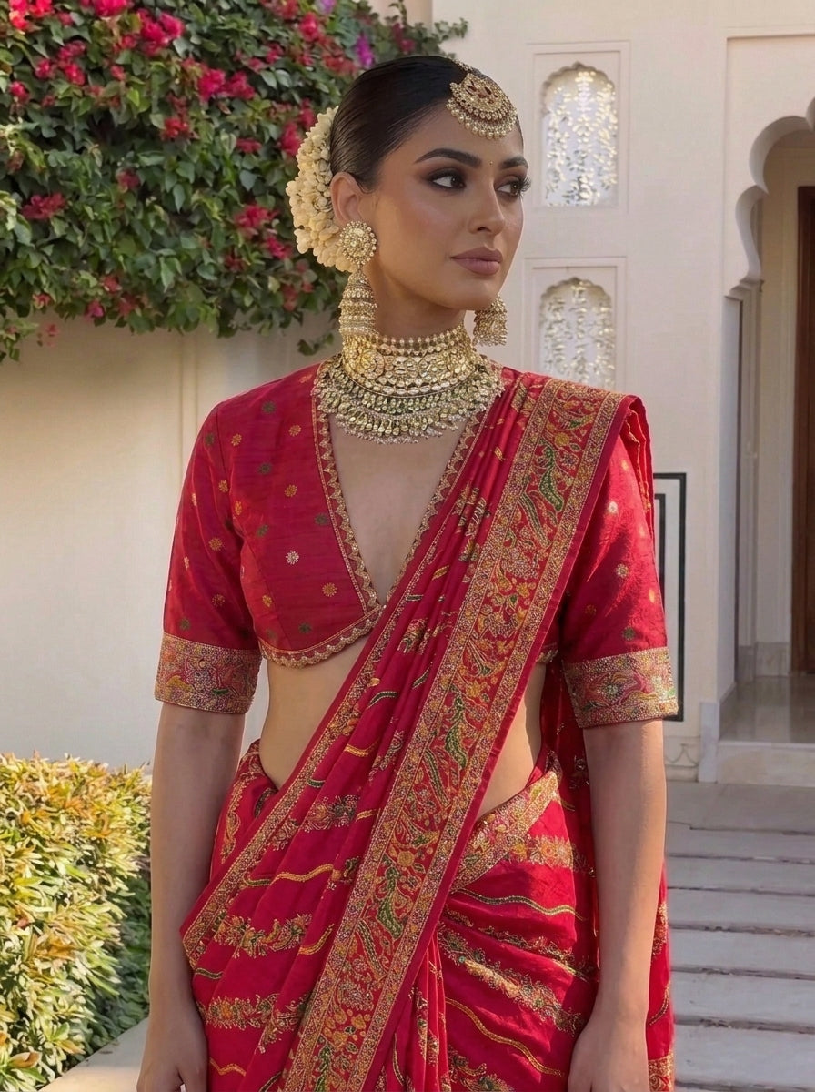 Sindoori Red Dola Crepe Pashmina Weaving Saree with Gold Zari Border & Designer Pallu