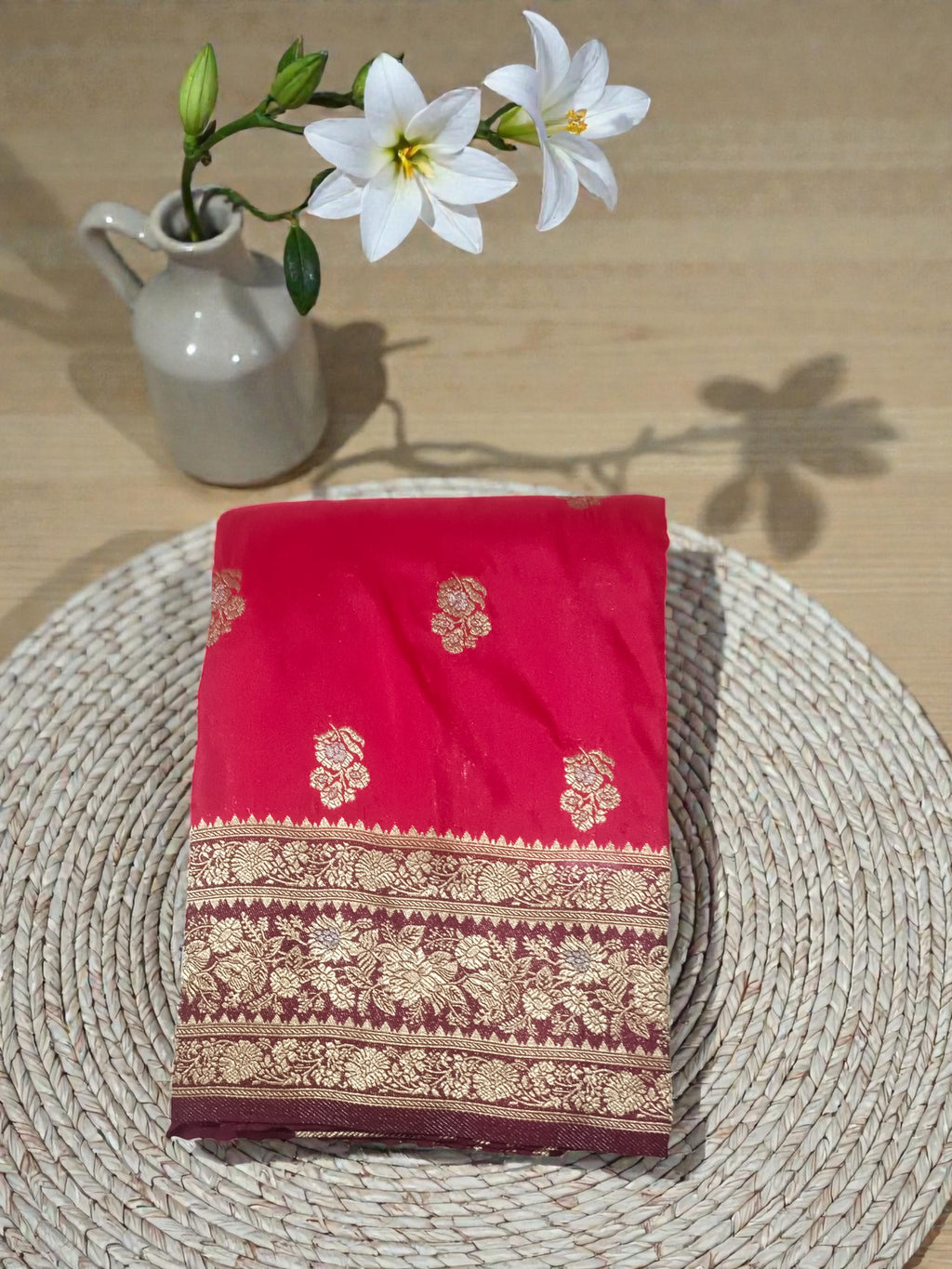 Royal Red Banarasi Semi Katan Silk Saree with Contrast Gold Zari Weaving & Rich Pallu
