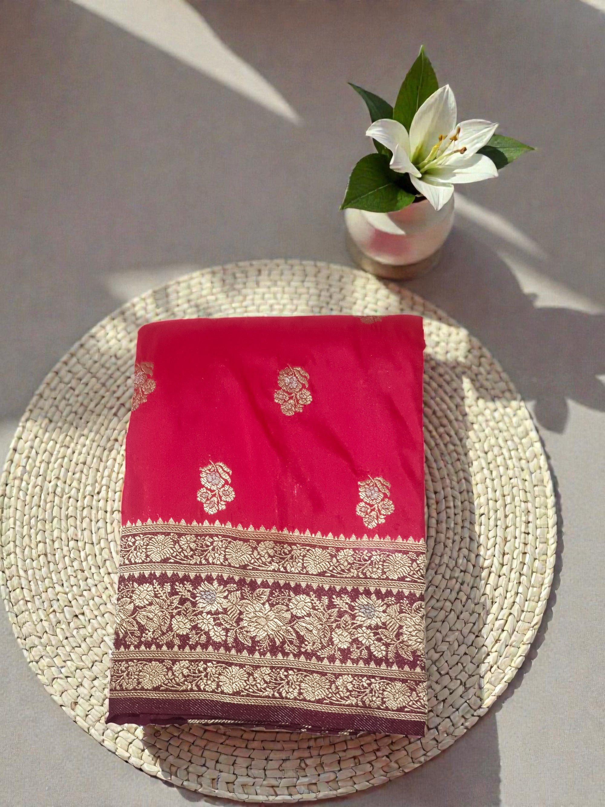 Royal Red Banarasi Semi Katan Silk Saree with Contrast Gold Zari Weaving & Rich Pallu