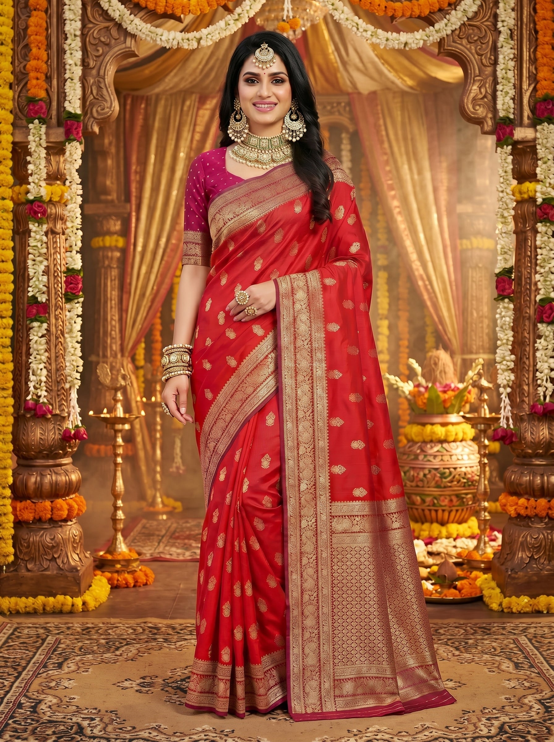 Royal Red Banarasi Semi Katan Silk Saree with Contrast Gold Zari Weaving & Rich Pallu