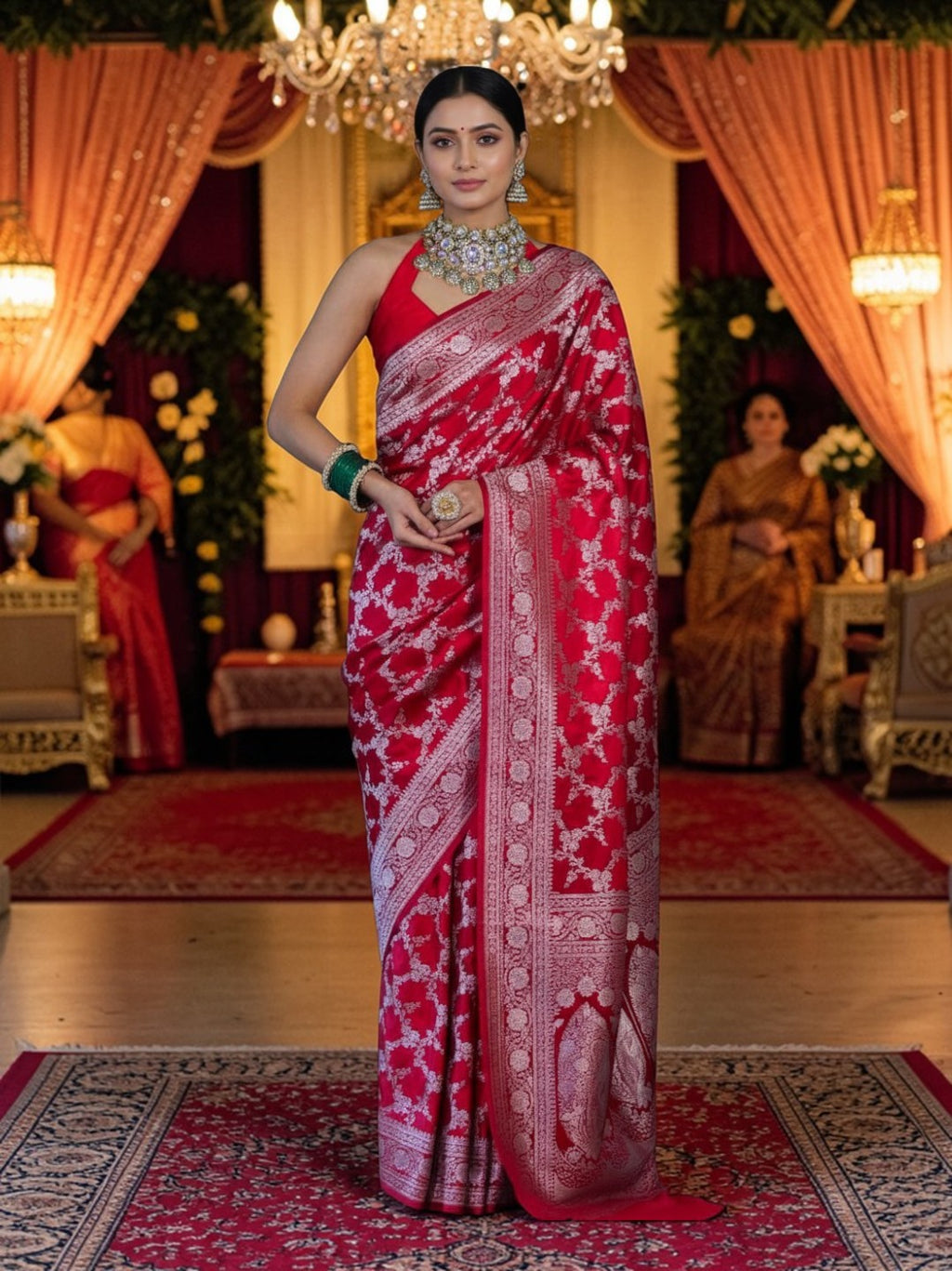 Red Banarasi Mashru Silk Saree with Floral Jaal Weaving – Traditional Handwoven Banarasi Wedding & Festive Saree