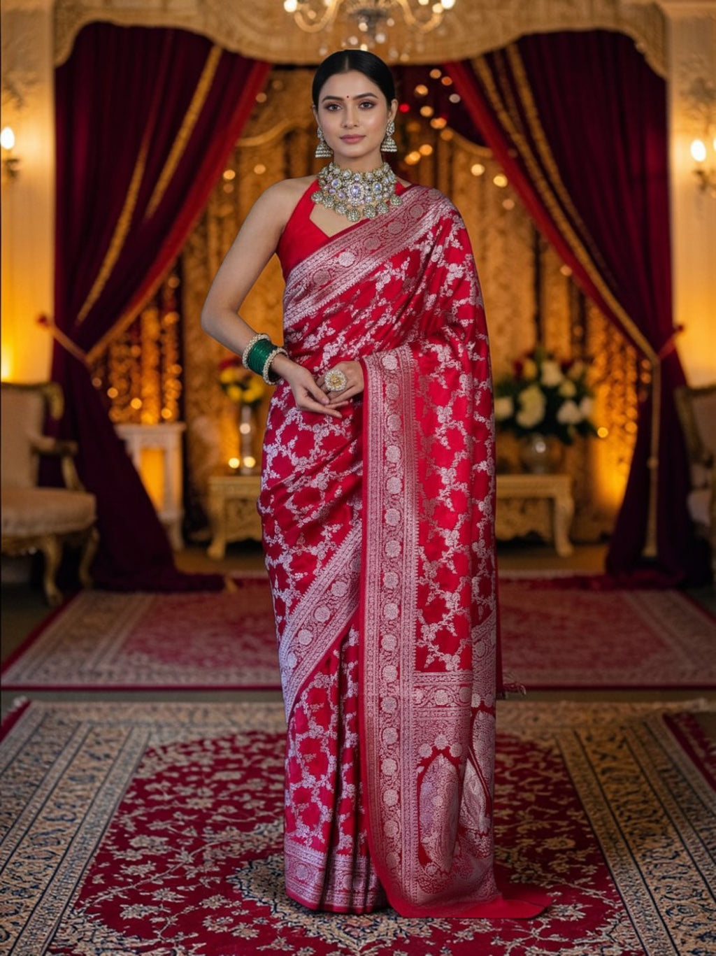Red Banarasi Mashru Silk Saree with Floral Jaal Weaving – Traditional Handwoven Banarasi Wedding & Festive Saree