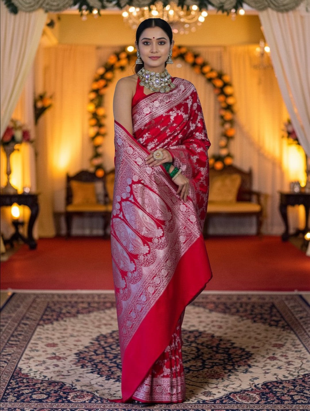 Red Banarasi Mashru Silk Saree with Floral Jaal Weaving – Traditional Handwoven Banarasi Wedding & Festive Saree