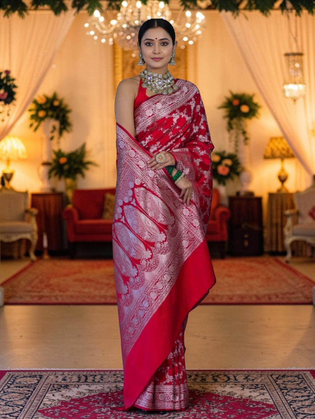Red Banarasi Mashru Silk Saree with Floral Jaal Weaving – Traditional Handwoven Banarasi Wedding & Festive Saree