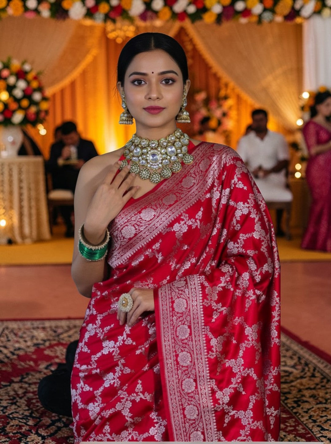 Red Banarasi Mashru Silk Saree with Floral Jaal Weaving – Traditional Handwoven Banarasi Wedding & Festive Saree