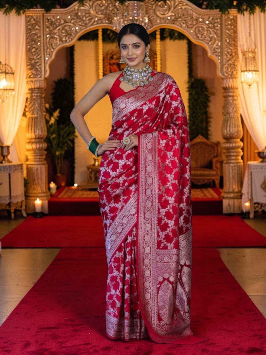 Red Banarasi Mashru Silk Saree with Floral Jaal Weaving – Traditional Handwoven Banarasi Wedding & Festive Saree