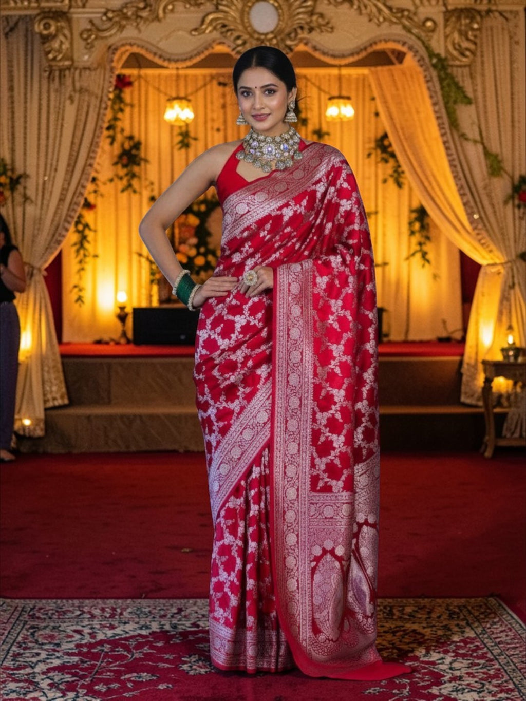 Red Banarasi Mashru Silk Saree with Floral Jaal Weaving – Traditional Handwoven Banarasi Wedding & Festive Saree