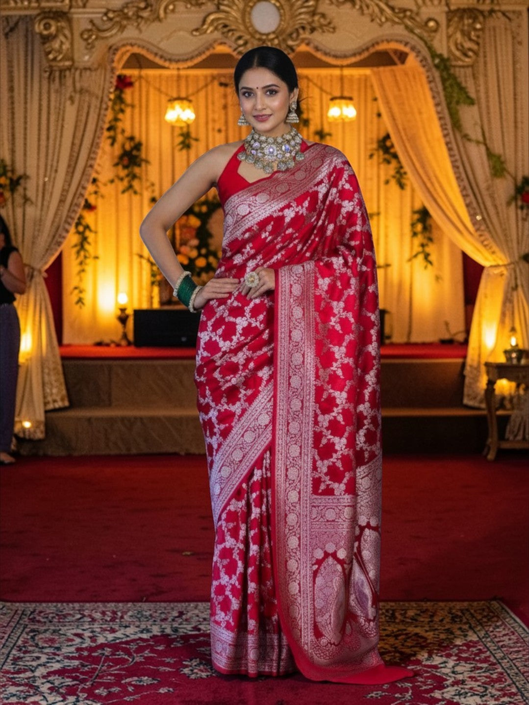 Red Banarasi Mashru Silk Saree with Floral Jaal Weaving – Traditional Handwoven Banarasi Wedding & Festive Saree