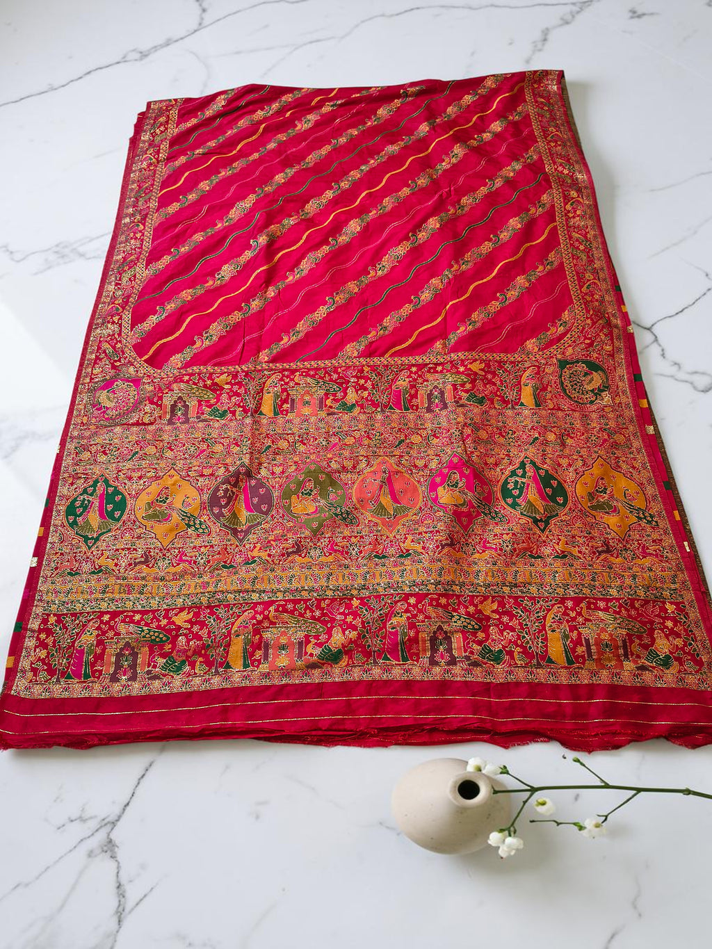 Sindoori Red Dola Crepe Pashmina Weaving Saree with Gold Zari Border & Designer Pallu