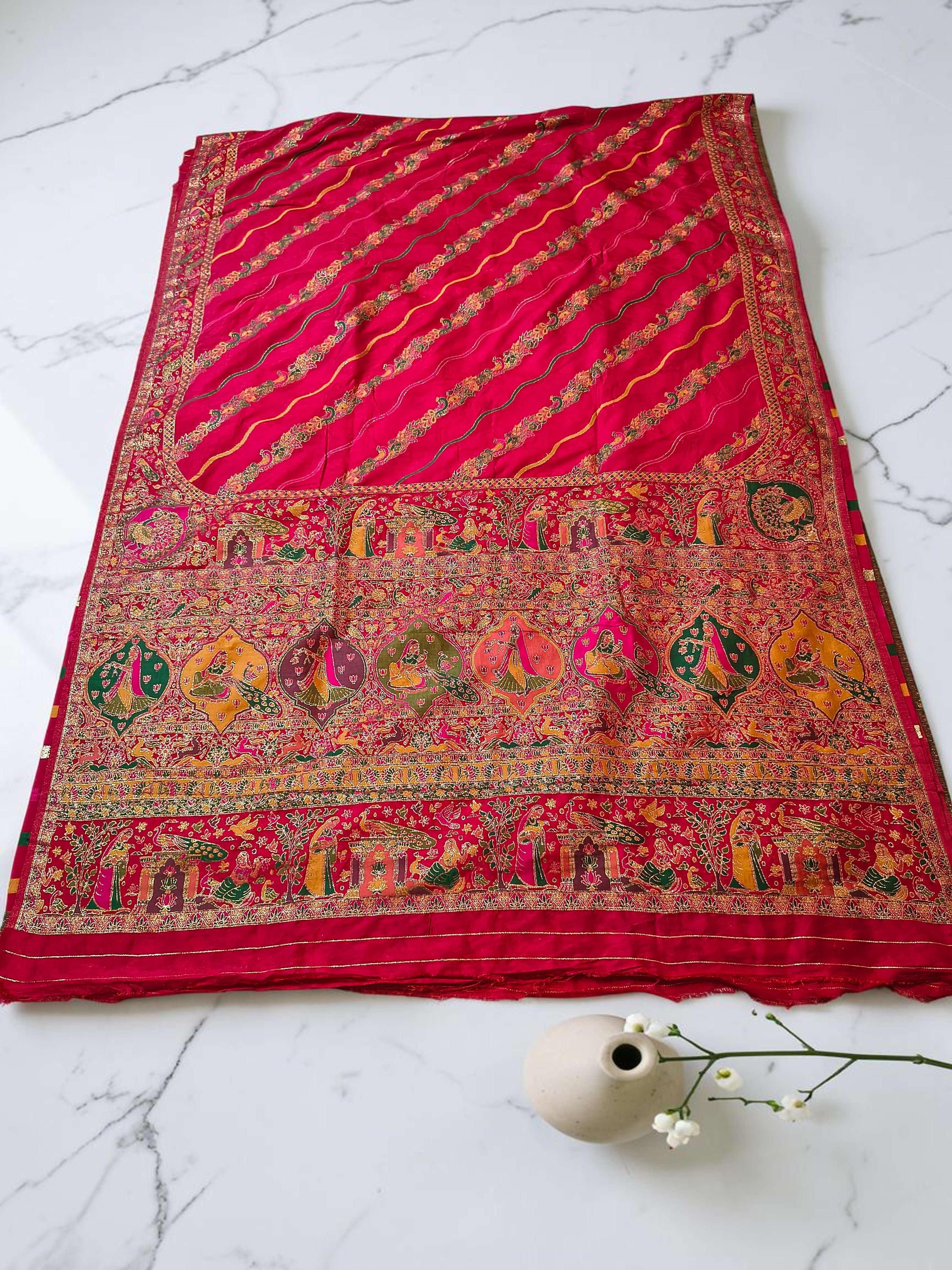 Sindoori Red Dola Crepe Pashmina Weaving Saree with Gold Zari Border & Designer Pallu