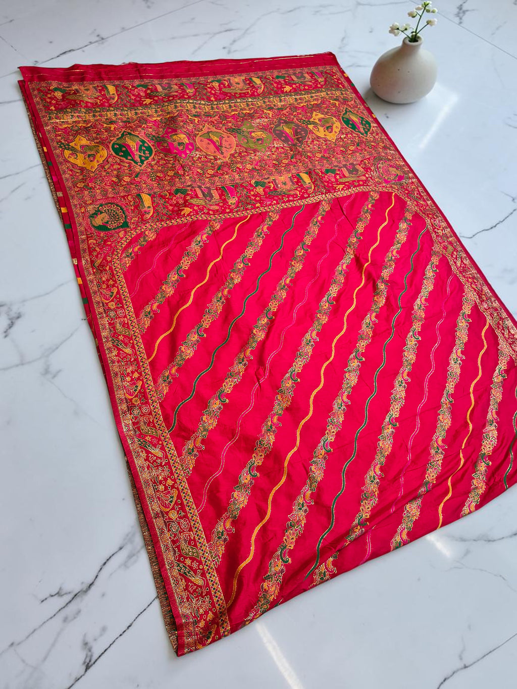 Sindoori Red Dola Crepe Pashmina Weaving Saree with Gold Zari Border & Designer Pallu