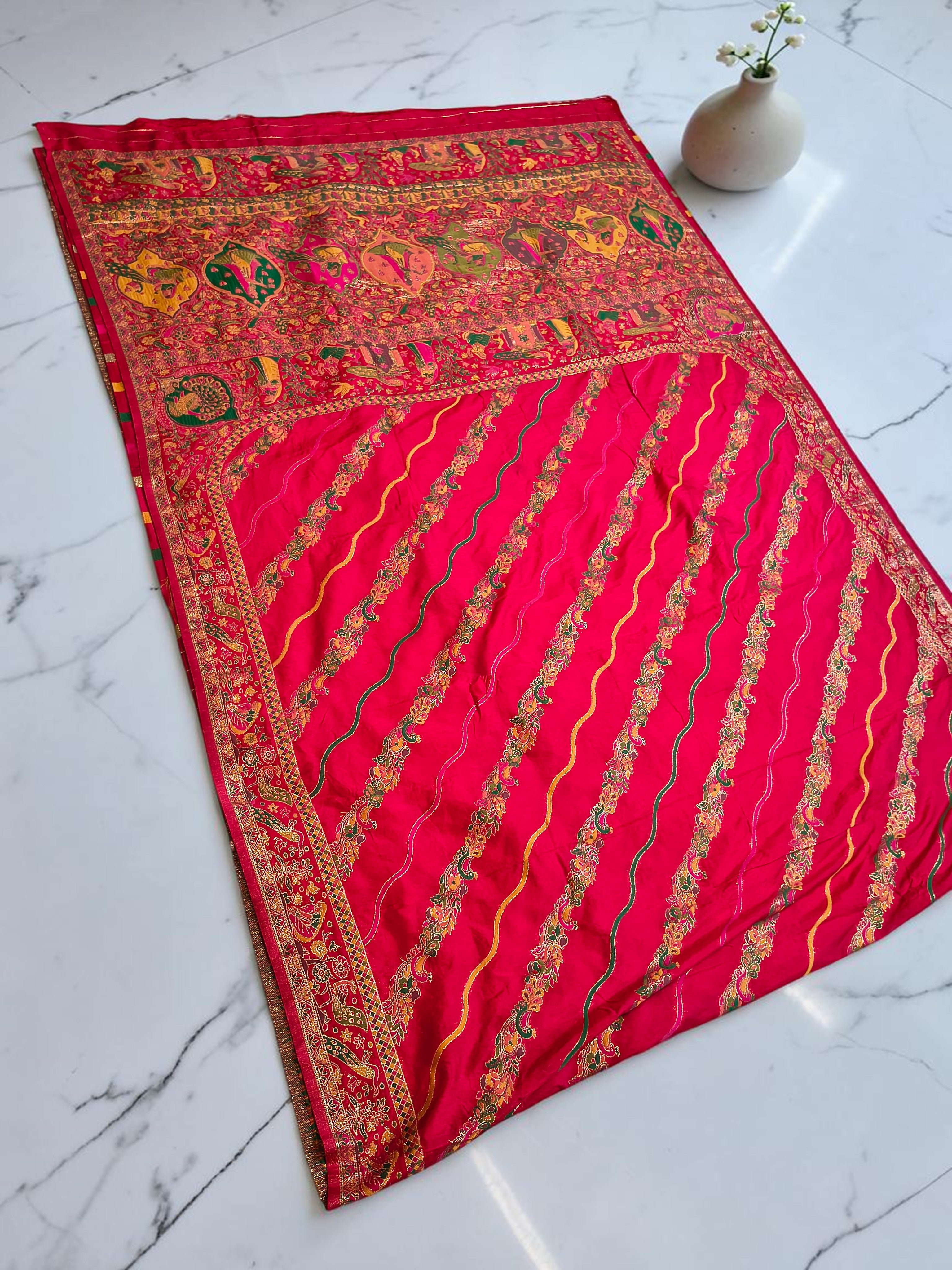 Sindoori Red Dola Crepe Pashmina Weaving Saree with Gold Zari Border & Designer Pallu