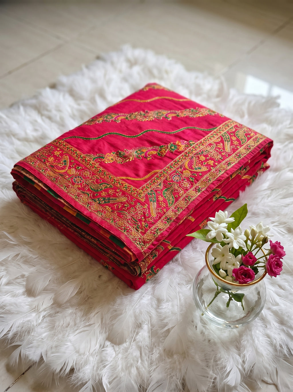 Sindoori Red Dola Crepe Pashmina Weaving Saree with Gold Zari Border & Designer Pallu