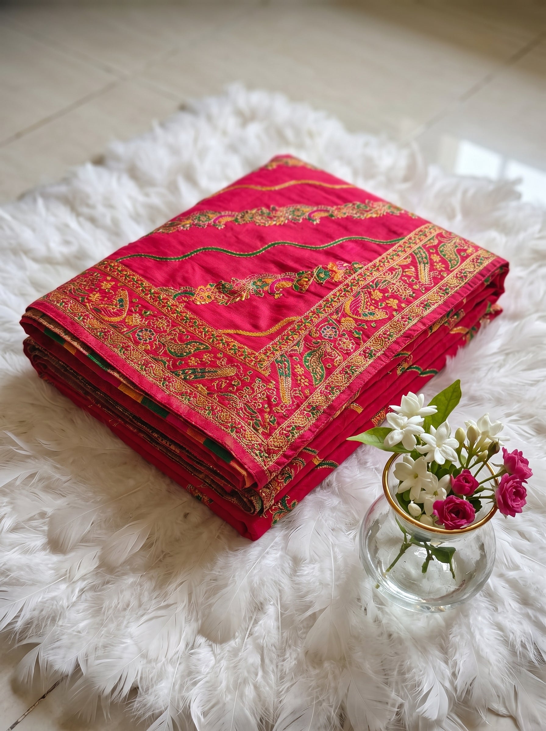 Sindoori Red Dola Crepe Pashmina Weaving Saree with Gold Zari Border & Designer Pallu