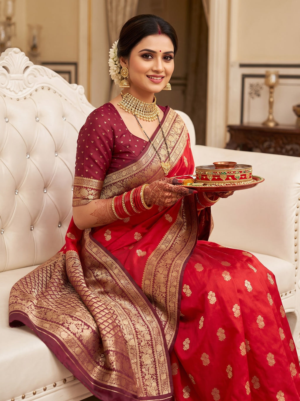 Royal Red Banarasi Semi Katan Silk Saree with Contrast Gold Zari Weaving & Rich Pallu
