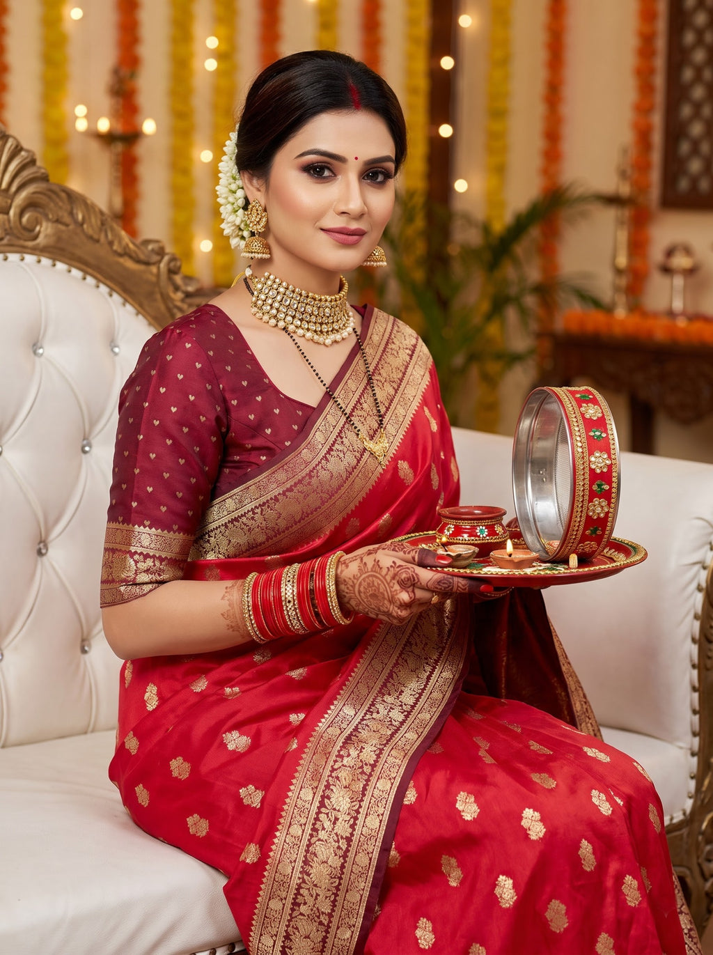 Royal Red Banarasi Semi Katan Silk Saree with Contrast Gold Zari Weaving & Rich Pallu