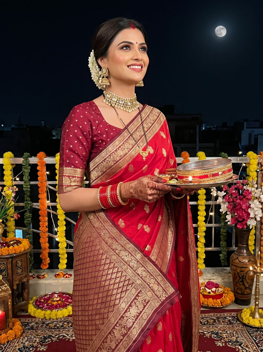 Royal Red Banarasi Semi Katan Silk Saree with Contrast Gold Zari Weaving & Rich Pallu
