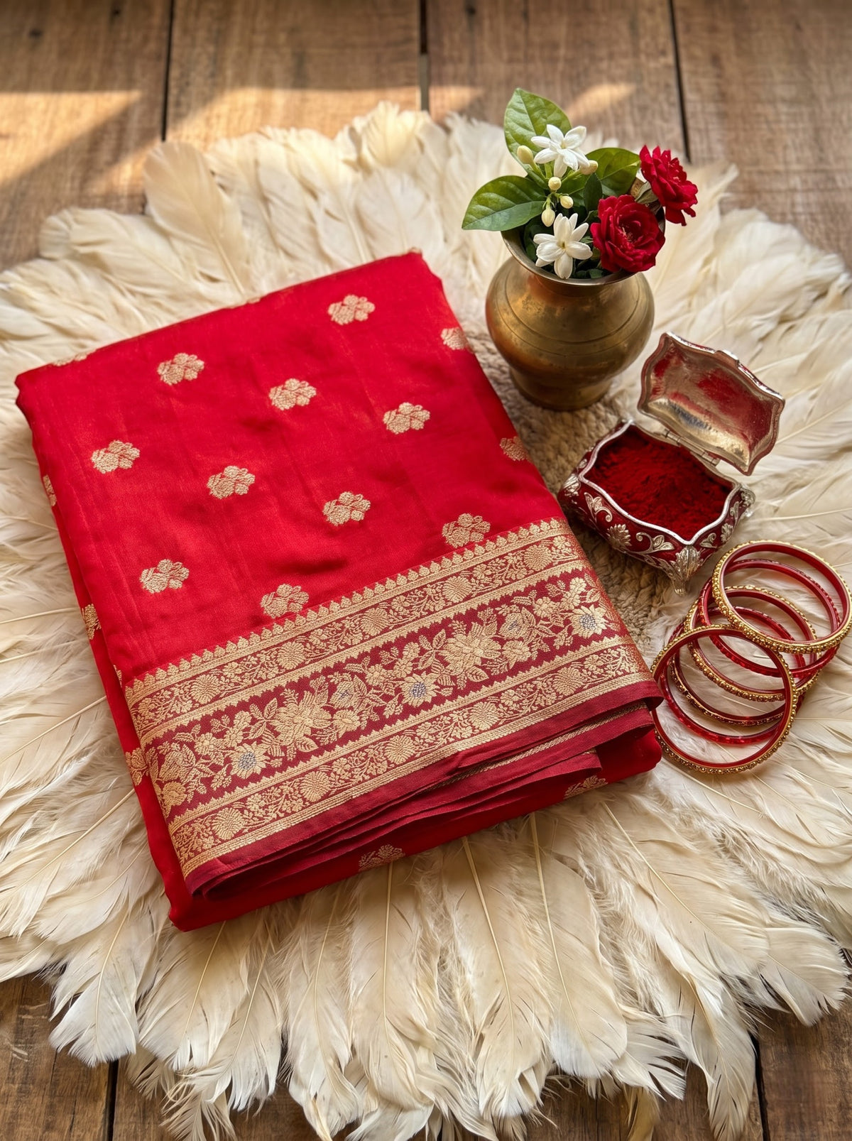 Royal Red Banarasi Semi Katan Silk Saree with Contrast Gold Zari Weaving & Rich Pallu