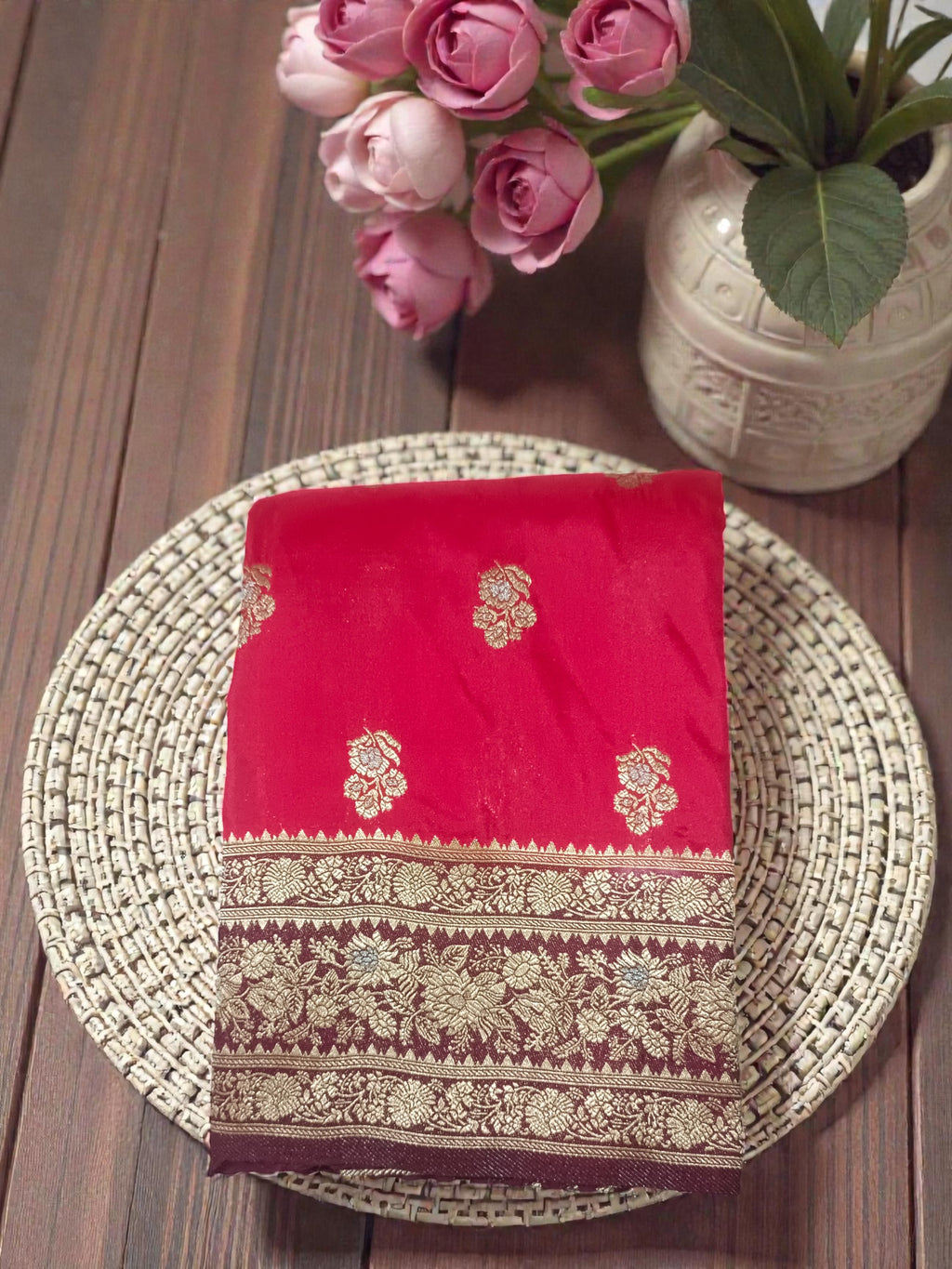 Royal Red Banarasi Semi Katan Silk Saree with Contrast Gold Zari Weaving & Rich Pallu