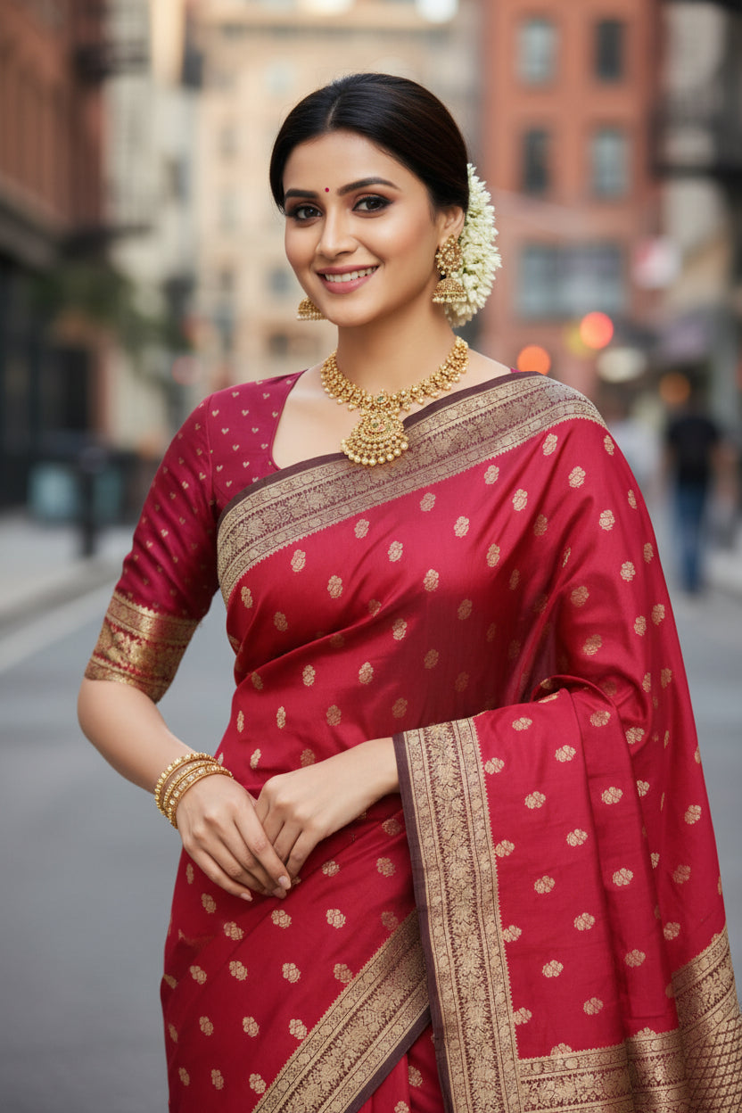 Royal Red Banarasi Semi Katan Silk Saree with Contrast Gold Zari Weaving & Rich Pallu