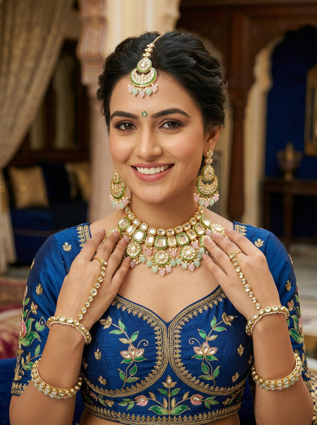 myFashion Statement Kundan Choker Necklace Set with Pearls & Pastel Pink Green Beads | Semi Bridal Jewellery Set with Earrings & Maang Tikka