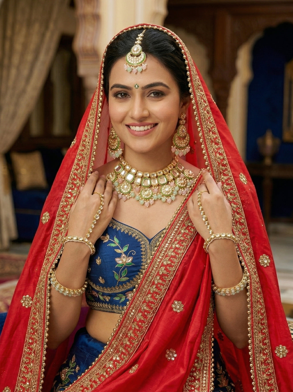 myFashion Statement Kundan Choker Necklace Set with Pearls & Pastel Pink Green Beads | Semi Bridal Jewellery Set with Earrings & Maang Tikka