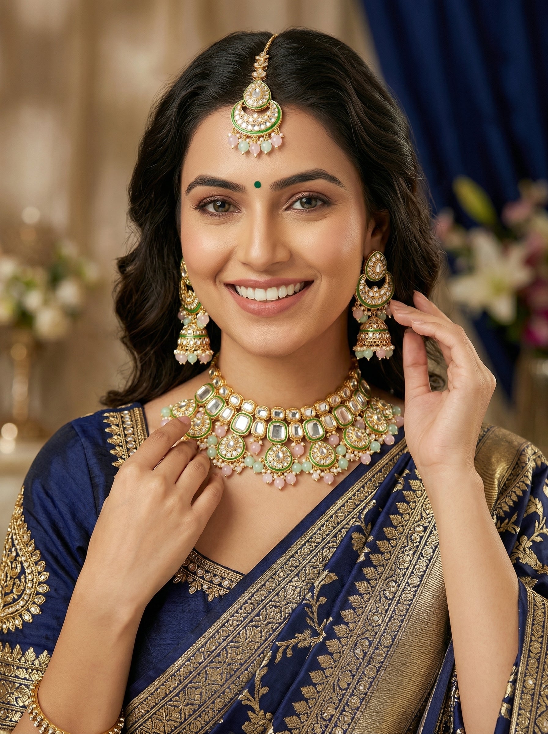 myFashion Statement Kundan Choker Necklace Set with Pearls & Pastel Pink Green Beads | Semi Bridal Jewellery Set with Earrings & Maang Tikka