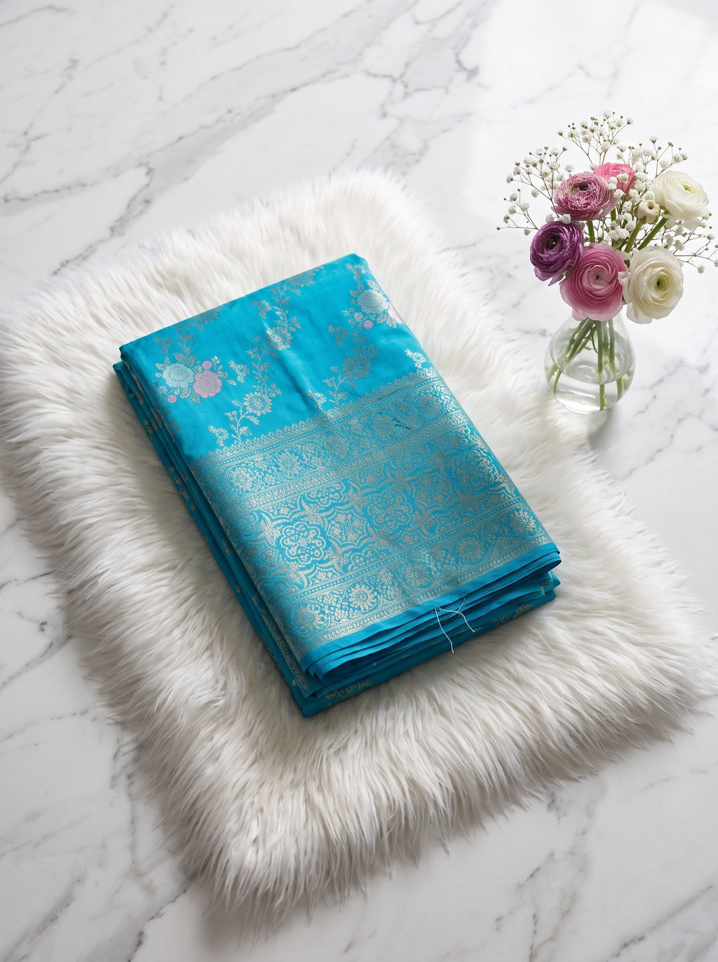 Sky Blue Banarasi Chinon Georgette Saree with Silver Zari Floral Weaving & Rich Designer Pallu | Festive & Wedding Wear