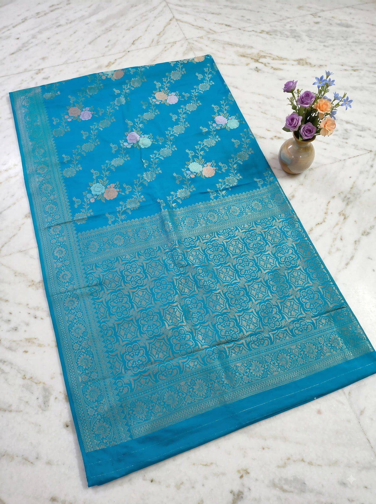Sky Blue Banarasi Chinon Georgette Saree with Silver Zari Floral Weaving & Rich Designer Pallu | Festive & Wedding Wear