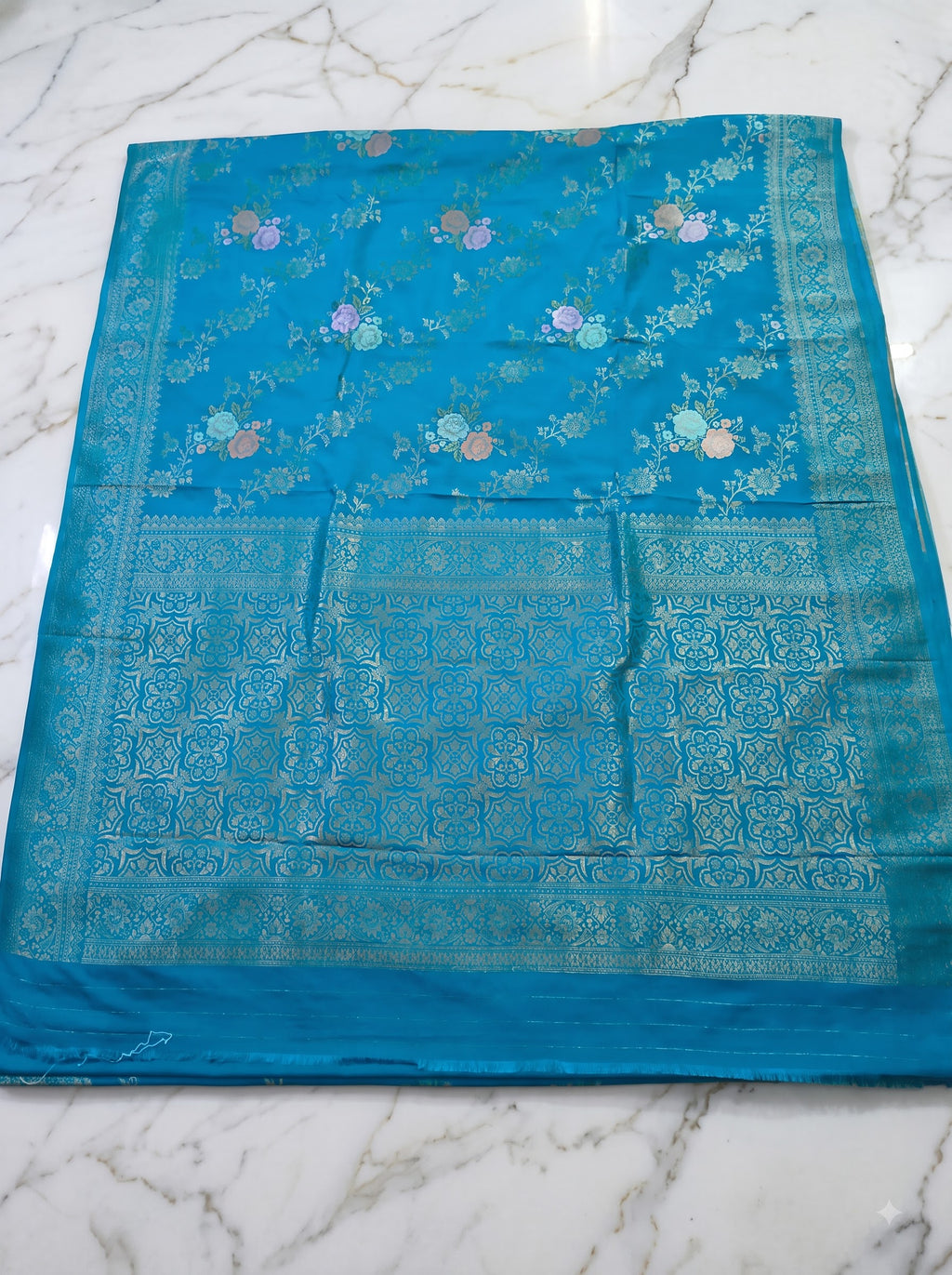 Sky Blue Banarasi Chinon Georgette Saree with Silver Zari Floral Weaving & Rich Designer Pallu | Festive & Wedding Wear