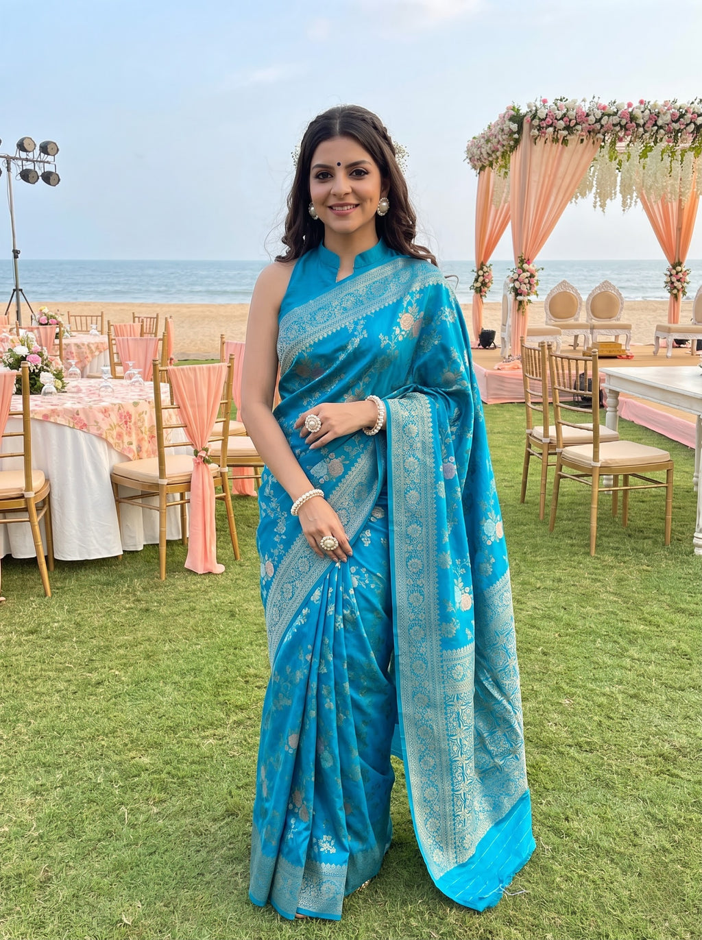 Sky Blue Banarasi Chinon Georgette Saree with Silver Zari Floral Weaving & Rich Designer Pallu | Festive & Wedding Wear